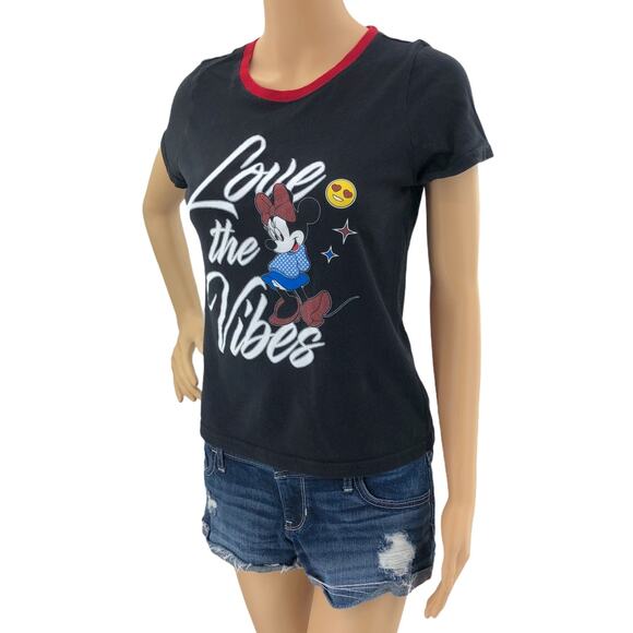 Disney MEDIUM Black Minnie Mouse Glitter Love the Vibes Burnout Fitted Tee - Picture 1 of 5